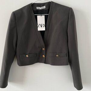 Zara khaki green gray cropped bolero blazer jacket Size M shoulder pads NWT